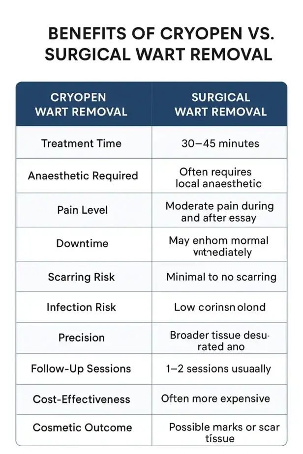 Table showing the benefits of cryopen to remove warts Livingston compared to surgical treatment